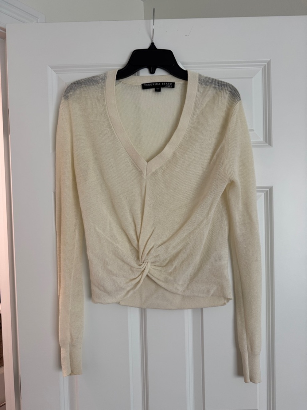 Veronica Beard Cream V-Neck Twist-Knot Knit Top